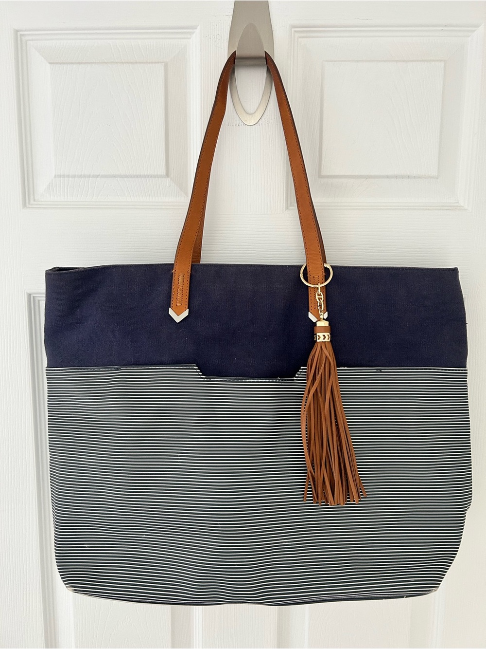 Stella & Dot Union Street Tote (Breton Navy Stripe) & Leather Tassel Bag Charm